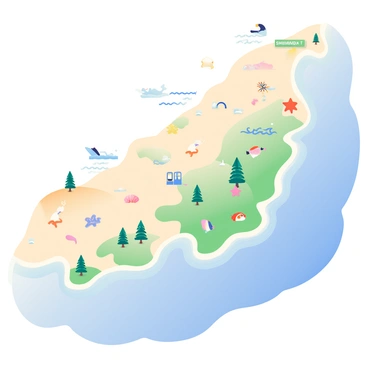 A detailed coastal map of Korea is displayed prominently. The shoreline features various illustrations of sandy beaches, depicted in shades of beige and light tan, with small waves gently lapping at the edges. Multiple sea creatures, such as colorful fish, starfish, and seashells, are scattered along the coast, adding vibrant touches of color. The map includes green landmasses representing parks and natural reserves with trees illustrated in varying shades of green. Additionally, there are small blue symbols indicating popular tourist spots and beach activities, such as swimming and surfing, along the coastline.