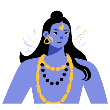 A depiction of "Shiva" with a serene expression, adorned with a "garland of rudraksha beads" draped around his neck. His skin is a deep blue, and he has long flowing hair that is entwined with "river Ganga," depicted as wispy strands cascading down. He wears a crescent moon on his head, and his forehead is marked with "three horizontal lines." In the background, there are subtle representations of "sacred symbols," enhancing the spiritual atmosphere. The scene captures a sense of tranquility and devotion, focusing on the richness of the details in Shiva's adornments and features.