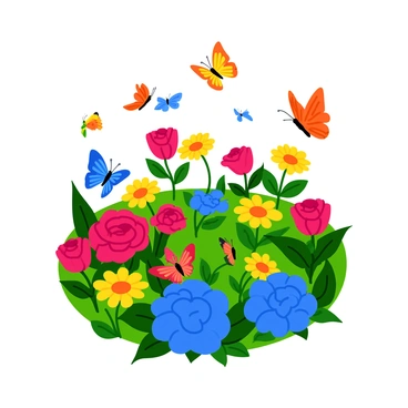 A vibrant garden filled with various blooming flowers in a wide array of colors, including red roses, yellow daisies, and blue hydrangeas. Numerous butterflies are fluttering around, showcasing their intricate wing patterns and colors, such as orange monarchs, yellow swallowtails, and blue morphos. The flowers are in full bloom, with some petals gently swaying in the breeze. The scene is lively, with butterflies occasionally landing on the flowers to rest and gather nectar.