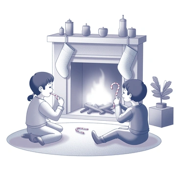 Kids in pajamas enjoying candy canes by a cozy fireplace