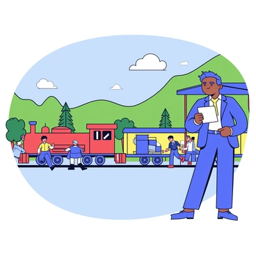 A broker standing at a railway platform with a backdrop of a scenic railway station. The broker is wearing a smart suit and holding a clipboard, reviewing details of the rail freight service. In the background, there are vintage-style train carriages and a beautifully arched wooden roof of the station. Lush green hills and trees are visible in the distance, enhancing the scenic view. A few railway workers can be seen loading goods onto the train, contributing to the busy atmosphere of the station.