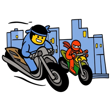 A high-speed chase scene featuring Ninjago characters riding sleek motorcycles. The lead character, a dark-haired ninja with a striking blue outfit, is leaning forward on his motorcycle, a determined expression on his face. Behind him, another ninja with red armor and a mask is skillfully maneuvering his bike, narrowly avoiding obstacles. The background is filled with dynamic movement, showcasing blurred cityscape elements like skyscrapers and streetlights. The motorcycles have a futuristic design, with vibrant colors and sharp angles, enhancing the sense of speed and excitement.