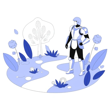 A protective, armored figure stands watch over a peaceful digital garden. The figure is clad in intricate armor that reflects a sense of strength and vigilance. It holds a stance that conveys readiness, with a gaze focused on the serene surroundings. The garden is filled with stylized plants and digital flowers, presenting a harmonious blend of shapes and patterns. Soft paths meander through the garden, leading to various vibrant elements that enhance its tranquility. In the background, there are abstract trees with geometric designs, completing the idyllic scene. The atmosphere suggests a balance of protection and serenity.
