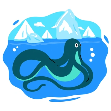 A large kraken with long, flowing tentacles swimming gracefully among jagged icebergs in the Antarctic. The kraken's skin is a mix of deep blues and greens, glistening with moisture as it moves through the water. Towering icebergs rise sharply from the ocean, their surfaces shimmering with an icy blue hue under the bright sunlight. Bubbles trail behind the kraken as it navigates the underwater landscape, creating a dynamic sense of movement. The scene captures the stark contrast between the dark, deep ocean and the bright, cold ice.