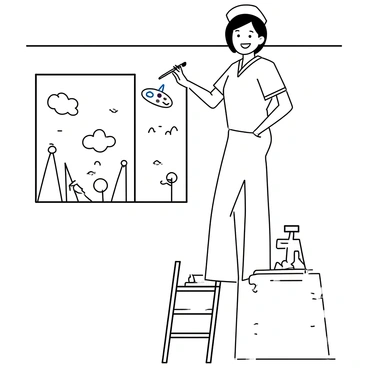 A nurse with short hair, wearing scrubs and a nurse's cap, is standing on a ladder. She is holding a paintbrush in her right hand, carefully painting a mural on a hospital wall. The mural features whimsical designs of animals and trees. A paint palette with various colors is resting on the ladder. The hospital room has a window showing a glimpse of blue sky outside. The nurse is smiling as she works on the mural, creating a cheerful atmosphere.