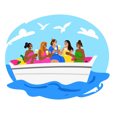 A bridal party on a boat, smiling and enjoying their adventure. The boat is a sleek white vessel with colorful decorations, and the group of women is dressed in various styles of elegant dresses in pastel colors. Laughter fills the air as they toast with sparkling drinks in their hands, capturing a moment of joy. The water surrounding the boat is a vibrant blue, with gentle waves shimmering in the sunlight. A few seagulls can be seen flying overhead, adding to the lively atmosphere. The sky is clear with a few fluffy white clouds scattered above.