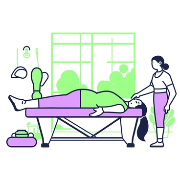 A person is lying on a reformer machine in a rehabilitation clinic, practicing pilates for recovery. The individual has their eyes focused on a series of exercises designed to strengthen their muscles. They have a determined expression, showcasing their commitment to the rehabilitation process. The clinic features large windows that allow natural light to illuminate the space, enhancing the atmosphere of focus and healing. Various pilates equipment is arranged around the room, including resistance bands and mats. A trainer stands nearby, providing guidance and encouragement to ensure the proper form and technique.