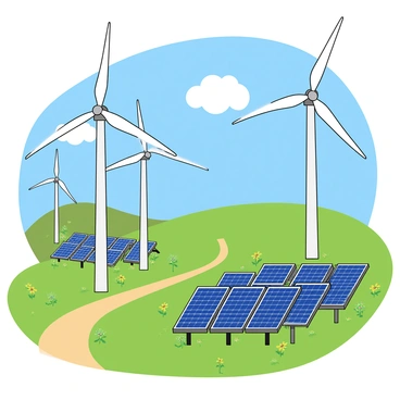 A hybrid energy setup featuring several towering wind turbines with large white blades spinning in the breeze. Nearby, there are multiple solar panels, each glinting under the sunlight, arranged in a neat grid. The wind turbines are set against a clear blue sky, while the panels are positioned on a grassy field dotted with wildflowers. A small dirt path runs through the setup, leading to a distant hill. In the background, fluffy white clouds float lazily, adding to the vibrant atmosphere of renewable energy.