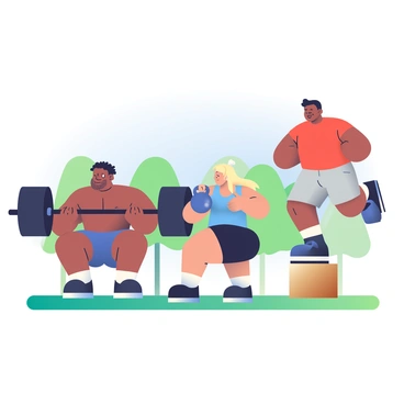 A group of three athletes is engaged in an outdoor CrossFit workout. One athlete with dark skin and short curly hair is performing a deadlift with a large black barbell on the grass. Another athlete, a woman with light skin and long blonde hair tied in a ponytail, is doing squats with a pair of kettlebells, wearing a blue tank top and black shorts. The third athlete, a man with medium skin and a closely trimmed beard, is jumping on a wooden box, wearing a red t-shirt and grey athletic pants. In the background, a clear blue sky stretches overhead, and there are green trees lining the horizon. Each athlete is focused and determined, with sweat visible on their brows from the intense workout.