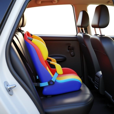 A securely fastened child seat in the backseat of a white car. The child seat is designed with vibrant colors and safety harnesses. The interior of the car features black leather upholstery, and there are seatbelts clearly visible. Sunlight filters through the car windows, casting soft shadows on the seat.