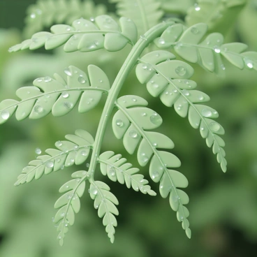 A close-up view of vibrant green ferns, their delicate leaves uniquely shaped and overlapping. The ferns are glistening with numerous clear raindrops that rest on the surface, reflecting light. The background features a soft blur of additional greenery, enhancing the focus on the ferns. The raindrops appear like tiny jewels, accentuating the freshness of the scene after a recent rain shower.