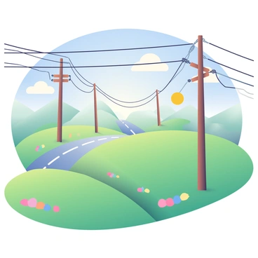 High-voltage power lines are stretching across a vast landscape filled with rolling green hills. The lines are tall and metallic, standing firmly on sturdy wooden poles. In the background, a clear blue sky is present, dotted with a few fluffy white clouds. The sun casts a warm light, creating shadows beneath the power lines. In the foreground, there are patches of wildflowers in various colors, adding a pop of vibrancy to the scene. The power lines cross over a small winding road that leads into the distance, illustrating the connection of electrical energy across the terrain.