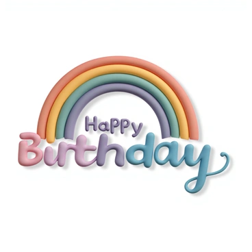 A vibrant rainbow with distinct colors of red, orange, yellow, green, blue, indigo, and violet arching gracefully in the sky. Below the rainbow, the words "Happy Birthday" are prominently displayed in bold, festive letters. The letters are in a playful font, with shades of pink, purple, and blue, creating a lively celebration atmosphere. The background is bright and cheerful, enhancing the joyful theme of the birthday celebration.