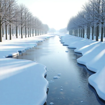 A river completely frozen over with a thick layer of clear ice, glistening in the sunlight. The ice stretches across the entire width of the river, forming a smooth, glass-like surface. Along the banks, patches of snow are visible, complementing the icy scene. The river rocks and pebbles beneath the ice can be seen faintly through the transparent surface. On either side of the river, tall trees with bare branches stand in the winter landscape, some dusted with a light coating of snow. The scene captures the stillness of winter and the blocking of the water's natural flow.