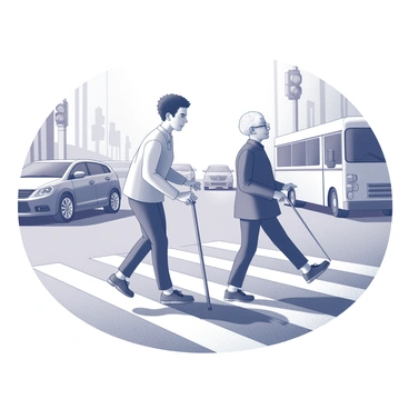 A young person is assisting an elderly person in crossing a busy street. The young person is slightly crouched down to speak to the elderly individual, who is using a cane for support. Cars and buses can be seen in the background, creating an atmosphere of movement and urgency. The street is lined with buildings, and there are traffic lights visible at the intersection. The expressions on both individuals convey a sense of focus and determination as they navigate the bustling scene together.