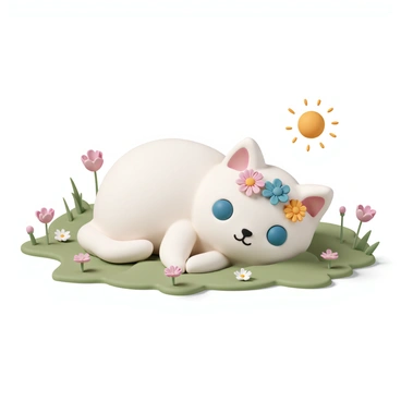 A fluffy white cat, adorned with a colorful crown made of various wildflowers, is lying contentedly in a vibrant green meadow. The cat has bright blue eyes closed in relaxation, and its paws are tucked underneath its body. Surrounding the cat are patches of colorful flowers, including daisies, buttercups, and poppies, creating a lively atmosphere. The sun casts a warm light, highlighting the cat's soft fur and the delicate petals of the wildflowers.