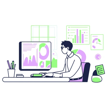 An analyst is seated at a modern desk, focused intently on a large computer screen displaying multiple graphs and charts. The analyst has short hair and is wearing glasses, along with a professional shirt and trousers. The screen shows various colorful line graphs and pie charts, each with detailed labels and axes. In front of the computer, there are scattered notes and a green pen. To the left of the screen, there is a cup holding additional writing utensils, and the room is illuminated by natural light coming from a nearby window.