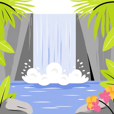 A majestic waterfall cascading down rocky cliffs into a clear, blue river pool. The water splashes energetically as it hits the surface, creating fine mist. Around the pool, vibrant tropical plants with large green leaves and colorful flowers frame the scene. There are also smooth stones scattered along the riverbank, enhancing the natural beauty of the setting. The sunlight filters through the foliage, casting dappled light on the water surface.