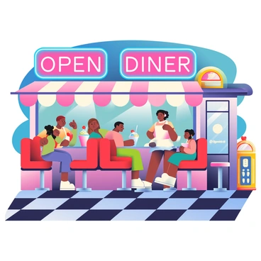 A vibrant retro diner with glowing neon lights is set under a clear night sky. The exterior is decorated with bright pink and blue neon signs that read "Open" and "Diner." Inside, a diverse group of people is seated at red vinyl booths, enjoying colorful milkshakes topped with whipped cream and cherries. A waitress with an apron is taking orders at the counter, which is lined with shiny chrome stools. A jukebox in the corner is playing classic tunes, and checkered black and white flooring completes the nostalgic atmosphere.