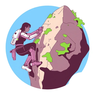 A climber is scaling a large, rugged boulder using advanced, futuristic robotic climbing aids attached to their arms and legs. The robotic aids are sleek, with metallic surfaces reflecting light and featuring intricate designs and glowing elements. The boulder is textured and covered in patches of moss and small rocks. The climber is positioned near the top of the boulder, focused on finding their next hold, with the sun casting dramatic shadows across the rocky surface. The background features a clear blue sky, creating a stark contrast with the earthy tones of the boulder.
