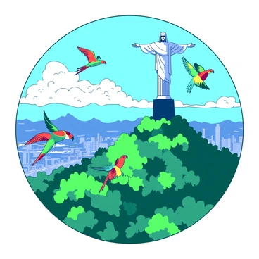 A group of colorful tropical birds is flying around the "Christ the Redeemer" statue. The birds display vibrant feathers in various shades. Below the statue, the lush green rainforest stretches out, filled with dense trees and vibrant foliage. The sky is clear and blue, providing a bright backdrop for the scene. The birds are captured mid-flight, some gracefully soaring while others flap their wings energetically. The iconic statue stands tall above the verdant landscape, overlooking the bustling city in the distance.