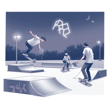 A skatepark scene at night with several skateboarders in action. One skateboarder is performing a trick, soaring mid-air above a half-pipe. A second skateboarder is crouched, preparing to launch off a ramp. The third is rolling smoothly on the flat surface, with a focused expression. In the background, the Big Dipper is clearly visible in the night sky, shining brightly. The skatepark features concrete ramps and rails, with some graffiti art on the walls. The setting is illuminated by subtle, ambient lighting from nearby street lamps.