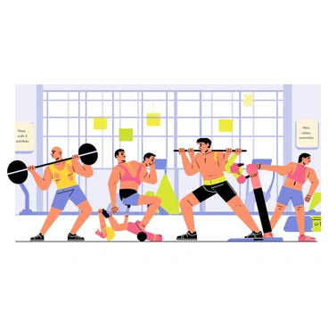 A group of five bodybuilders engaged in an intense workout in a gym. Each bodybuilder has distinct features; one has a shaved head and is lifting a heavy barbell, while another has long hair tied back and is performing bench presses. The third bodybuilder is doing squats with weights on their shoulders, showcasing strong legs. The fourth is doing bicep curls with bright red dumbbells, and the fifth is stretching on a yoga mat in the corner. The gym is filled with various fitness equipment, including treadmills and punching bags. The walls are adorned with motivational posters, and there are large windows letting in natural light, enhancing the lively and energetic atmosphere of the scene.