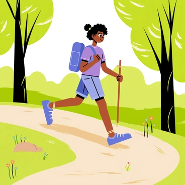 A black girl is walking along a hiking trail in a lush green forest. She has curly hair tied up in a ponytail and is wearing a bright purple t-shirt and comfortable shorts. On her back, she carries a sturdy blue backpack. In her right hand, she holds a wooden walking stick, which helps her navigate the trail. Surrounding her are tall trees with vibrant green leaves, and patches of colorful wildflowers can be seen along the path. A gentle sunlight filters through the branches, casting dappled light on the ground.