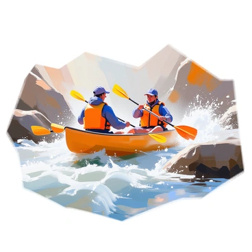 A canoe with two individuals inside, navigating through powerful rapids. The canoe is slightly tilted as it rides the waves, showcasing the strength of the rushing water. Water sprays dramatically around the canoe, creating mist and droplets that glisten in the light. The individuals are wearing life jackets and paddling vigorously, their expressions focused and determined. Large rocks are partially submerged in the turbulent water, emphasizing the challenge of the rapids. The scene is filled with the dynamic movement of water, showcasing the raw energy of the river.