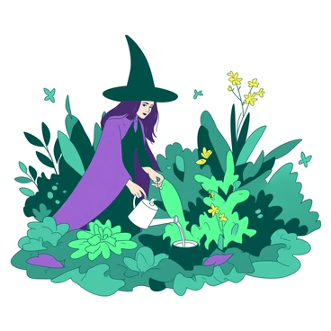 A lush green garden is filled with various mystical plants, each with unique shapes and sizes. In the center of the garden, a tall witch with a pointed black hat is tending to the plants. She is wearing a flowing purple cloak that contrasts with the vibrant greenery. Surrounding her are glowing flowers in shades of teal and yellow, illuminating the garden with a soft light. The witch gently waters the plants with a small silver watering can, and a few butterflies flutter around, attracted by the glow of the flowers.