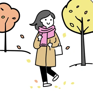 A woman wearing a warm, knitted scarf in shades of red and brown is strolling through a park. She has long, flowing hair that peeks out from under her scarf. The park is filled with trees displaying orange and yellow leaves, which are gently falling around her. The ground is covered with a thick layer of colorful leaves, creating a soft carpet underneath her feet. She is dressed in a long coat and dark pants, enjoying the autumn ambiance.