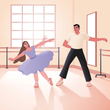 A pair of dancers performing a graceful routine in a sunlit studio. The first dancer is a woman with long, flowing brown hair, wearing a light blue ballet dress that flares out as she twirls. She has a focused expression on her face. The second dancer is a man with short black hair, dressed in a fitted white shirt and black pants. His posture is strong and elegant, showcasing his athleticism. Sunlight streams through large windows, casting soft shadows on the polished wooden floor. There are mirrors on the walls reflecting their movements, and wooden ballet barres are positioned along the sides of the studio.