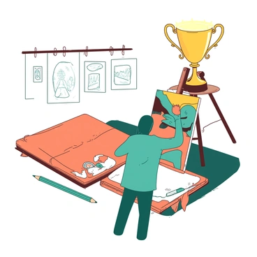 An orange sketchbook rests open on a wooden table, revealing a combination of rough pencil sketches and detailed ink drawings. Next to the sketchbook, a teal pencil lies, partially sharpened, as if recently used. Above the table, there are small hanging frames displaying the progression of the artist's work, starting from initial sketches to a vibrant, finished painting. In the foreground, a teal silhouette of the artist is captured in mid-action, brush in hand, applying the final touches to their award-winning piece displayed prominently on an easel. The backdrop features a glowing golden trophy, symbolizing the recognition of the artist's hard work and talent.