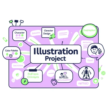 A large sheet of paper displays a creative mind map filled with interconnected ideas for an illustration project. At the center, the main topic is written in large, bold letters: "Illustration Project". Branching out from the center are several smaller bubbles containing ideas such as "Character Design", "Color Palette", and "Story Concept". Each bubble has lines connecting it to related thoughts. The "Character Design" bubble includes sub-ideas like "Protagonist" and "Antagonist". Scattered around the edges are sketches of characters in various poses. Some bubbles contain visual elements and symbols that represent themes, such as a pencil for "Sketching" and a brush for "Painting". The entire layout is organized yet dynamic, encouraging exploration of the ideas presented.