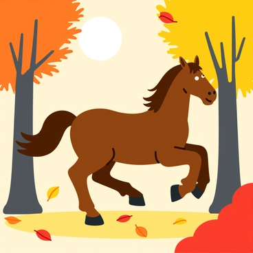 A brown horse galloping through a forest filled with trees displaying vibrant autumn leaves in shades of orange, red, and yellow. The horse's mane flows in the wind, and its hooves kick up fallen leaves from the ground. Sunlight filters through the branches, casting dappled light on the forest floor. The surrounding trees are tall and slender, creating a sense of depth in the scene.