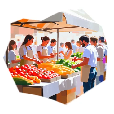 A lively farmers market bustling with activity. Stalls are filled with an array of fresh produce, including vibrant red tomatoes, leafy greens, bright yellow corn, and an assortment of colorful fruits. Cheerful vendors, wearing aprons and wide smiles, engage with customers as they showcase their goods. Some vendors are handing out samples, while others arrange their produce attractively on wooden tables. Shoppers of various ages can be seen browsing, holding reusable bags, and chatting excitedly with the vendors. The scene is filled with the colors and textures of fresh ingredients, creating an inviting atmosphere.