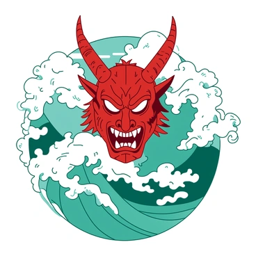 A red hannya mask is positioned prominently, balancing atop crashing ocean waves that are colored in shades of white and teal. The mask has intricate details, showcasing fierce expressions and sharp horns. The ocean waves appear dynamic, curling and foaming as they rise, creating a sense of movement and energy around the mask. The background features a turbulent sky, adding depth and drama to the scene.