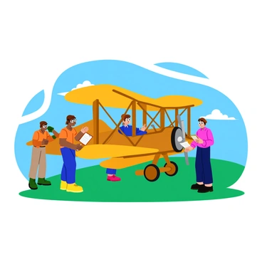 A group of early aviation pioneers is gathered around a vintage biplane on a grassy field. The biplane features two large wings stacked on top of each other, with a wooden frame and fabric covering. One pioneer, wearing a leather flight helmet and goggles, is checking the engine at the front of the biplane. Another pioneer is adjusting the wing supports, while a third is holding a clipboard, observing the preparations. In the background, a clear blue sky is visible, with a few fluffy clouds scattered across it. The scene captures the excitement and anticipation of an upcoming flight.