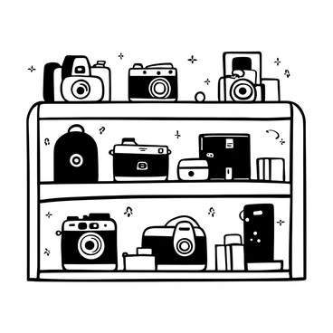 A wooden shelf with a polished surface displaying a variety of antique cameras from different eras. Each camera has distinct features, showcasing intricate designs and details. An early box camera, a classic rangefinder, and a vintage twin-lens reflex are all included in the collection. There are also camera accessories such as a leather case and old film rolls placed alongside the cameras. The background includes subtle patterns, enhancing the focus on the shelf and its contents.