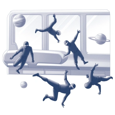 A group of ninjas in black suits performing acrobatic flips and twists in a zero-gravity environment inside a futuristic spaceship. Each ninja is captured mid-movement, showcasing their agility and grace as they navigate the space. The interior of the spaceship features sleek, metallic surfaces and control panels. In the background, several planets are visible through large windows, showcasing their distinct shapes and textures. The scene is filled with dynamic movement, with the ninjas appearing to float effortlessly as they execute their stunts.