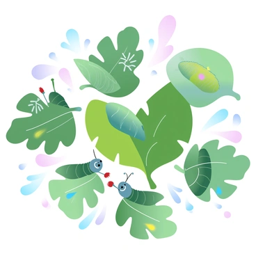 A group of caterpillars is gathered on large, vibrant green leaves. Each caterpillar is equipped with tiny paintbrushes and is applying colorful patterns to the leaves. Some caterpillars are using bright shades of blue and red, while others are mixing yellows and greens to create unique designs. The scene features a variety of leaves, each displaying intricate artwork. Surrounding them are splatters of paint in various pastel hues, adding to the lively atmosphere of this creative endeavor.