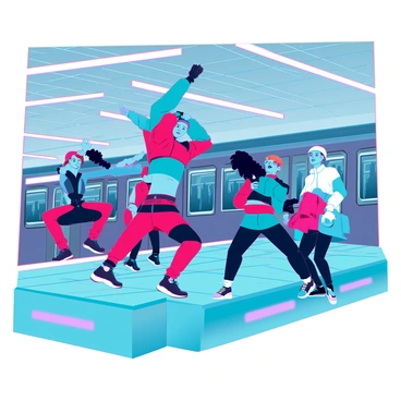 A group of five breakdancers showcasing their skills on a subway platform. They are dressed in vibrant, urban clothing featuring bright colors and bold patterns. One dancer is executing a headspin, balancing perfectly on his head, while another is in the middle of a powerful windmill move. A third dancer is preparing to leap into a freeze position, showcasing strength and control. The platform is illuminated by bright fluorescent lights, and an empty subway train can be seen in the background, partially visible through the tiled pillars. The atmosphere is energetic, filled with a sense of excitement as spectators gather around, applauding and cheering.