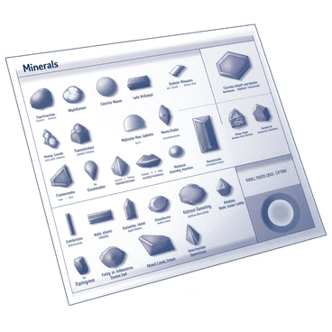 A vintage chart displaying an array of minerals arranged in an organized grid format. Each mineral is represented with detailed drawings showcasing their unique characteristics, such as textures and forms. The chart features hand-written labels next to each mineral name, adding a personal touch to the educational display. The overall layout emphasizes clarity, with distinct sections for different mineral categories. The background is simple to enhance the visibility of the illustrations and text.