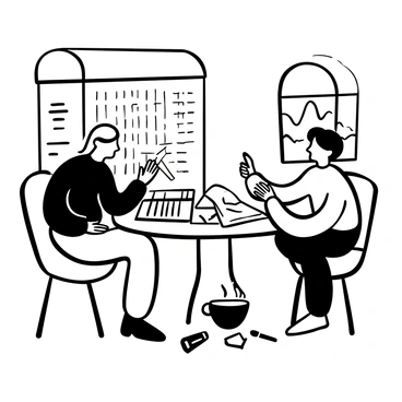 Two people sitting at a wooden table, leaning over an open newspaper featuring a crossword puzzle. One person is pointing at a specific clue with a pencil in hand, while the other person is looking at the puzzle with a thoughtful expression. There are scattered pens and erasers on the table, and a steaming cup of coffee is placed nearby. A window in the background reveals a glimpse of trees outside.