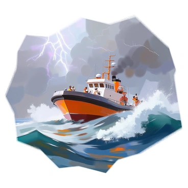 A barge is navigating through turbulent seas, with large waves crashing against its sides. The sky is dark and filled with ominous gray clouds, indicating a fierce storm. Gusty winds are visibly bending the barge, while white foam and spray rise from the churning water around it. The crew members on deck are bracing themselves against the elements, wearing waterproof gear as they work to maintain control of the vessel. In the distance, flashes of lightning illuminate the scene, briefly highlighting the chaotic environment.