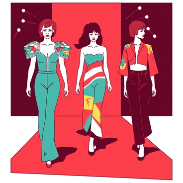 A red runway is set against a vibrant backdrop. Models strut confidently, each wearing flamboyant outfits that embody the essence of 1980s fashion. One model showcases a teal jumpsuit adorned with oversized shoulder pads and intricate airbrush designs, while another displays a dress featuring bold geometric patterns in contrasting colors. The third model sports high-waisted trousers paired with a cropped jacket, both featuring eye-catching embellishments. Bright lights illuminate the scene, enhancing the dynamic energy of the runway show.