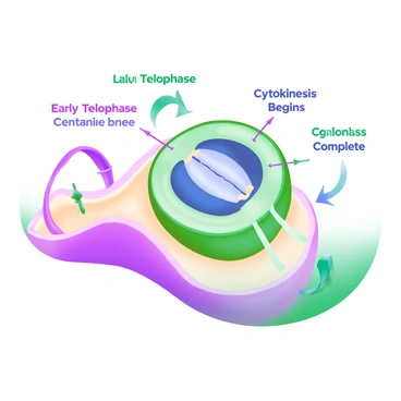 A modern pastel illustration depicting the sequential phases of cytokinesis. The image features a central cell dividing into two daughter cells. Each phase of cytokinesis is clearly labeled with the respective phase name: "Early Telophase," "Late Telophase," "Cytokinesis Begins," and "Cytokinesis Complete." The cells are shown in various stages of division, with visible cleavage furrow formation and the separation of cytoplasm. Surrounding the central cell are arrows indicating the progression through each phase, along with light pastel colors that enhance the visual clarity of the process.