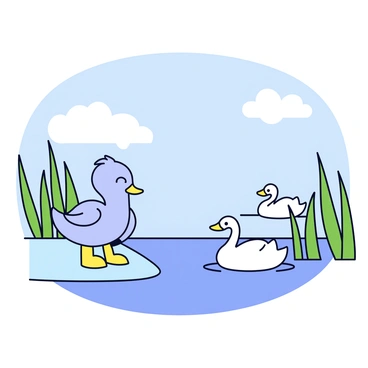 A minimalistic cartoon illustration of a famous story scene depicting "The Ugly Duckling." The scene shows a small, gray duckling standing alone by the edge of a serene pond, surrounded by tall green reeds. In the background, there are three swans swimming gracefully on the water. The duckling has large, expressive eyes and a slightly forlorn expression. The sky above is a soft blue with a few fluffy white clouds. Everything is simplified and stylized, focusing on the emotions of the duckling in this transformative moment.