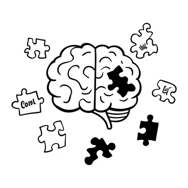 A large brain depicted as a jigsaw puzzle with several pieces missing. Scattered around the brain are various jigsaw pieces, each piece labeled with terms representing different addictions. The pieces have intricate designs that visually symbolize the nature of each addiction. The background is minimalist to emphasize the brain and the scattered pieces. A few of the jigsaw pieces are tilted as if recently moved, suggesting a sense of disarray.