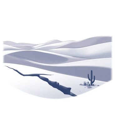 A vast desert landscape stretches across the image. The sand dunes are shaped by the wind, creating smooth, rolling hills. In the foreground, a prominent fault line cuts through the sand, showcasing a jagged crack that contrasts with the surrounding smoothness. The fault line is marked by darker sand, emphasizing its presence. Sparse vegetation, such as scattered cacti or small bushes, is present near the fault line, adding detail to the arid environment. The sky overhead is clear, contributing to the expansive feel of the desert.